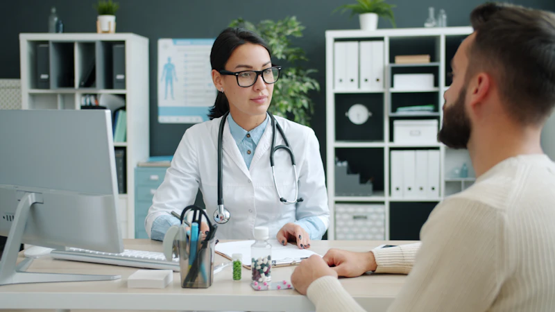 Médica conversando com paciente em consultório iluminado
